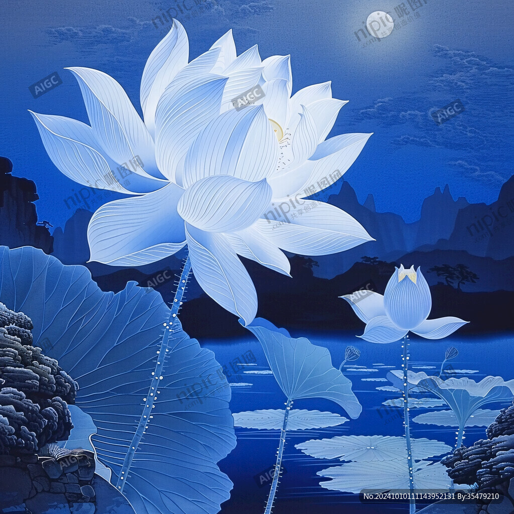 深蓝背景荷花图