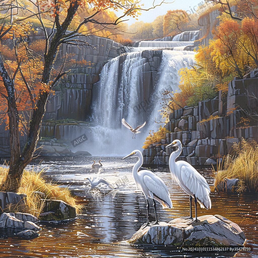 圆形瀑布鹤舞装饰画