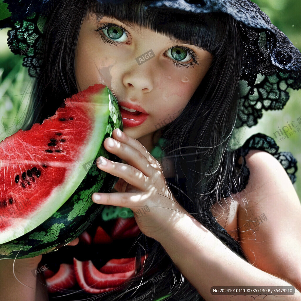 手拿西瓜的小女孩