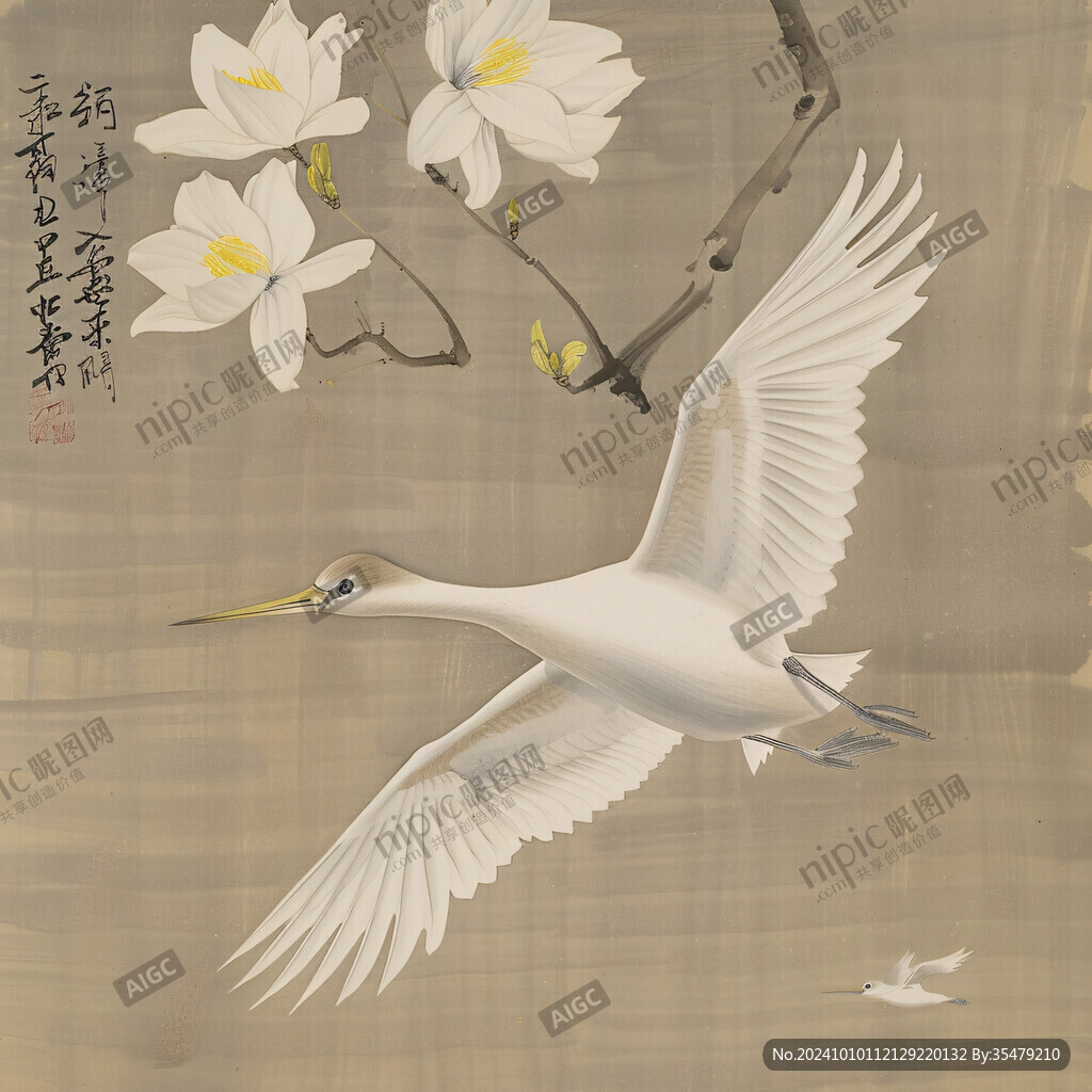 手绘白鹤描金线描挂画