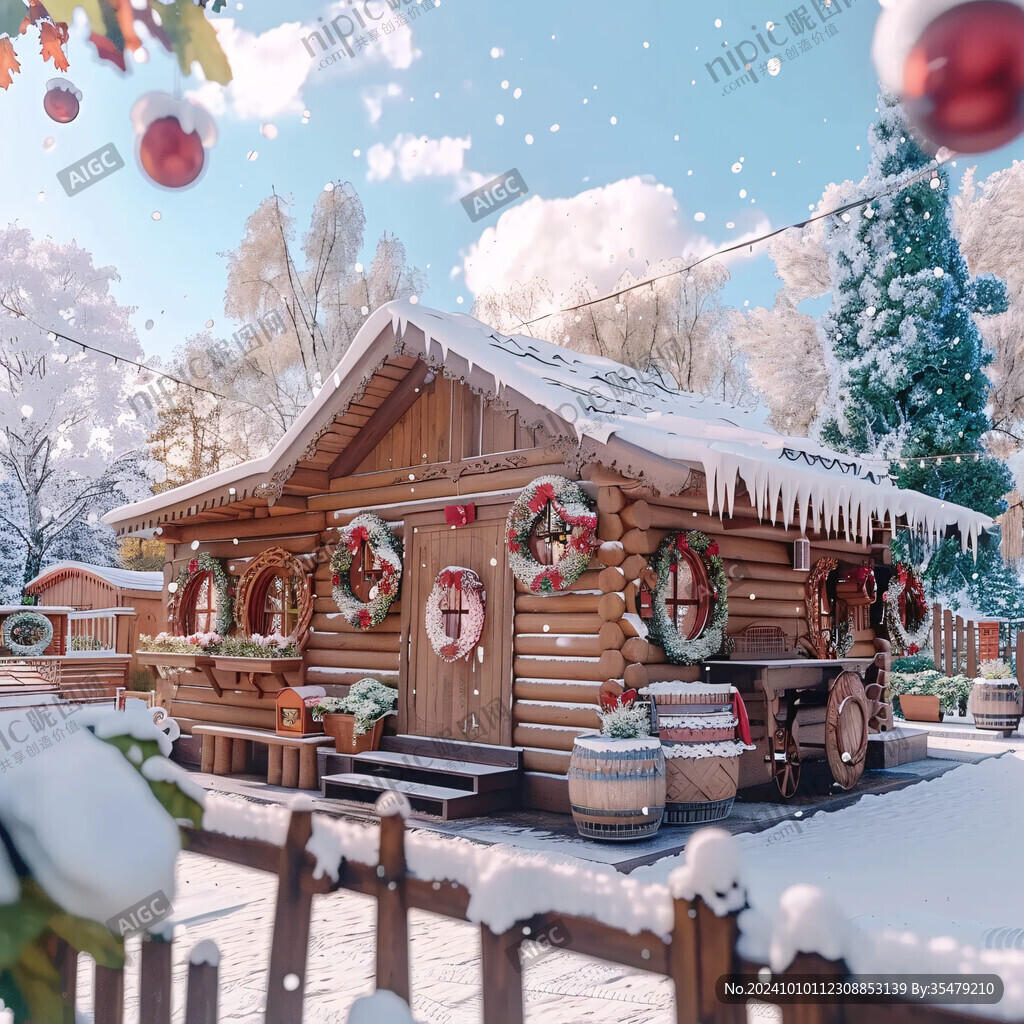 木屋积雪红灯笼