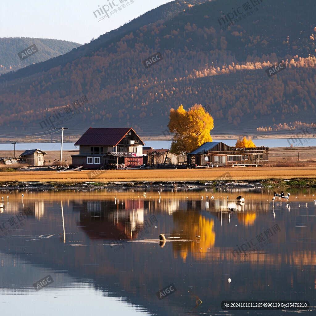 牧场林场木屋倒影风景