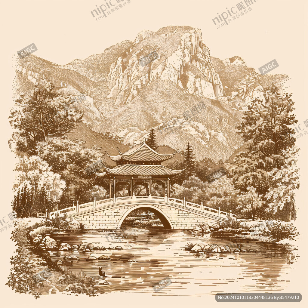 爱晚亭著名景点工笔画