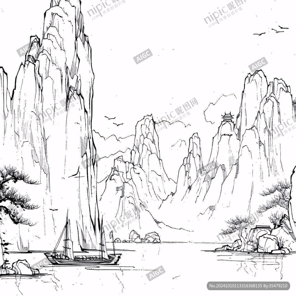 线描古风江景山水