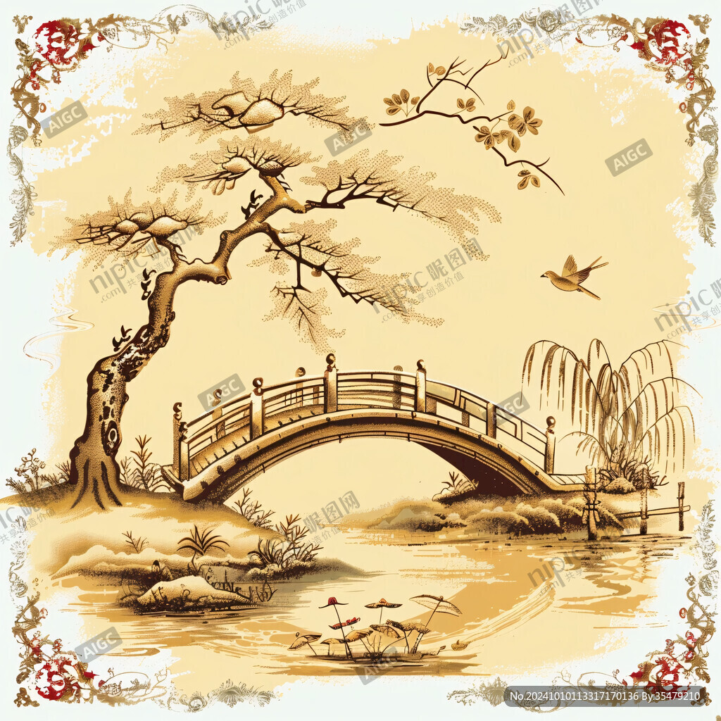 小桥流水年画水墨画