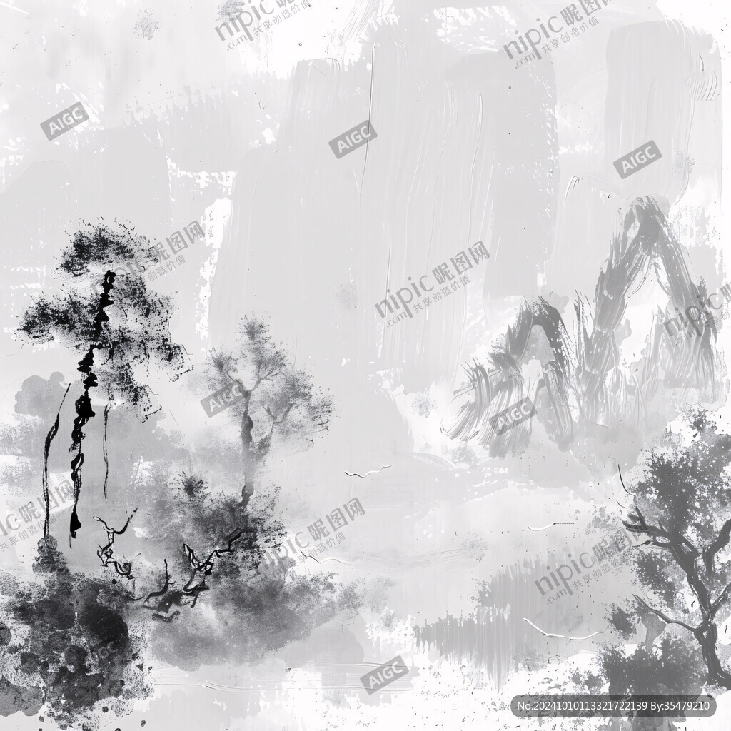 正方形水墨画远山烟雾