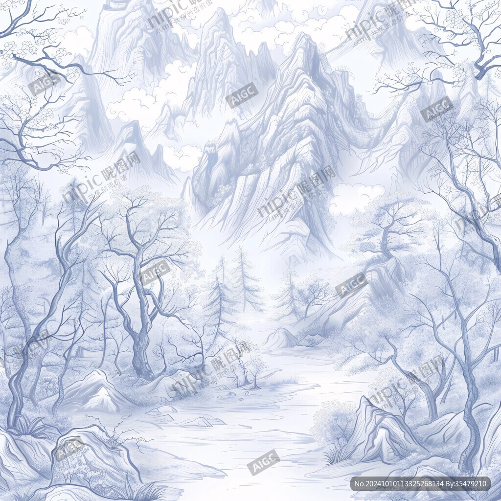 雪松雪景雪山插画