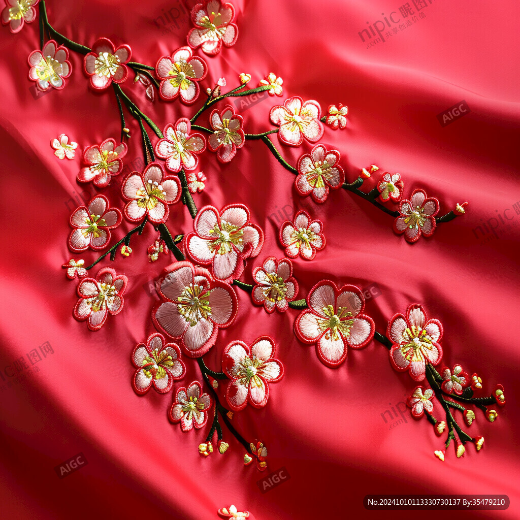 红色绸绣八团梅花