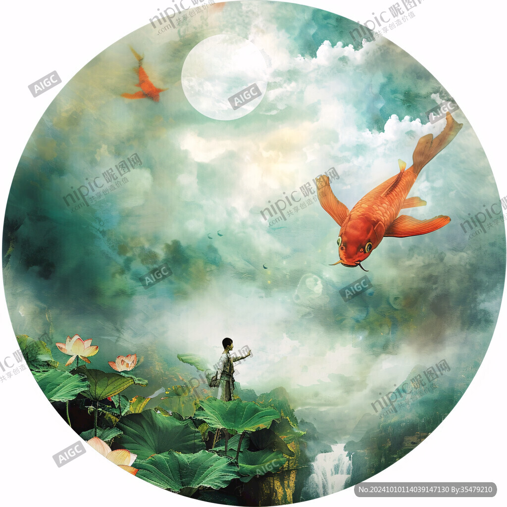 3d荷花鲤鱼圆形画