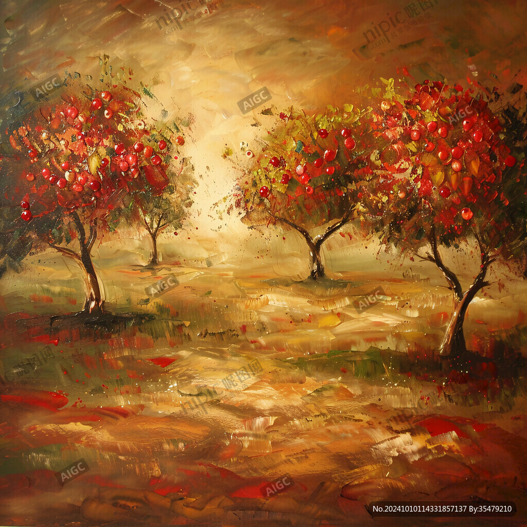 红枫树油画