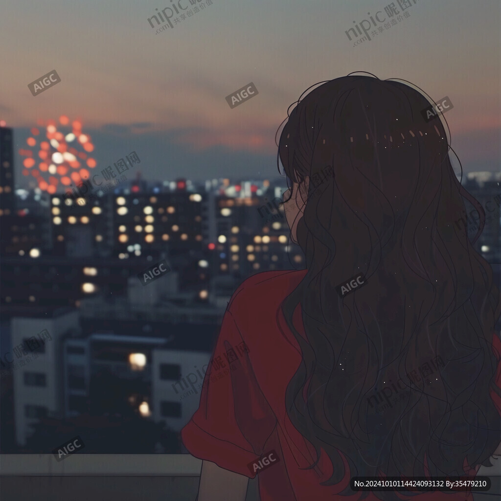 女学生夕阳下插画