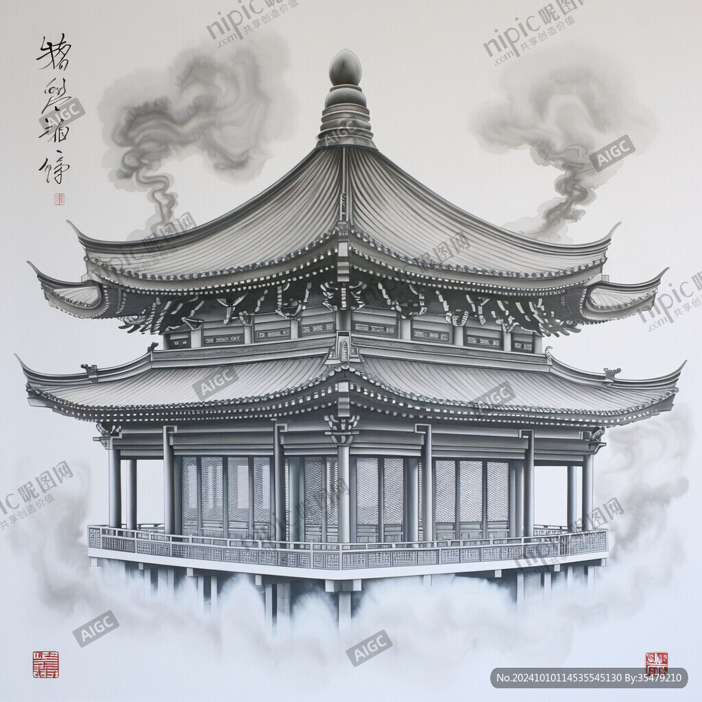 高端阁楼古建筑壁画