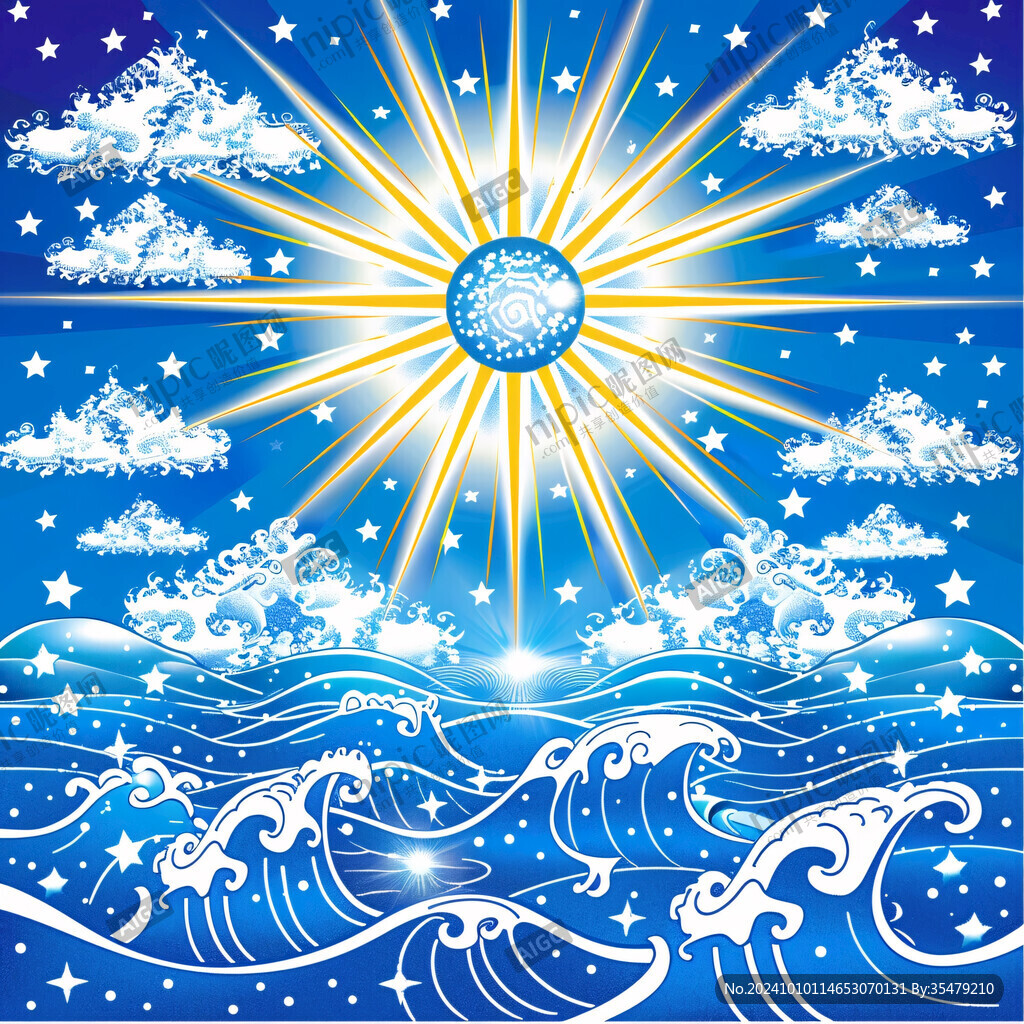 手绘海浪旭日东升