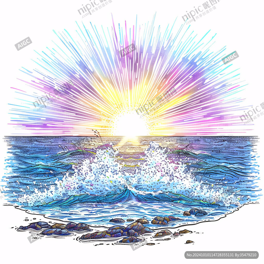 手绘海浪旭日东升