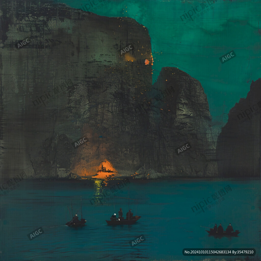 山峰渔船群山油画