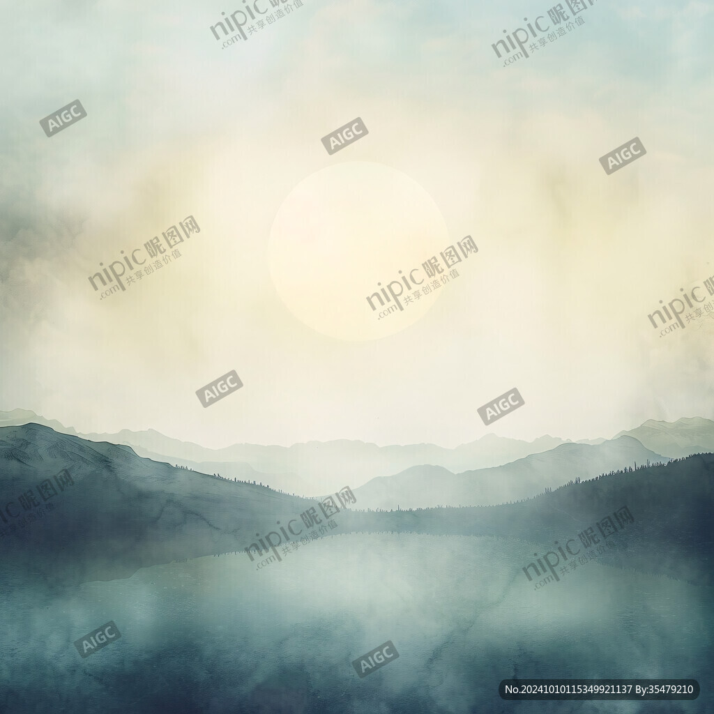 日落水墨画日落群山