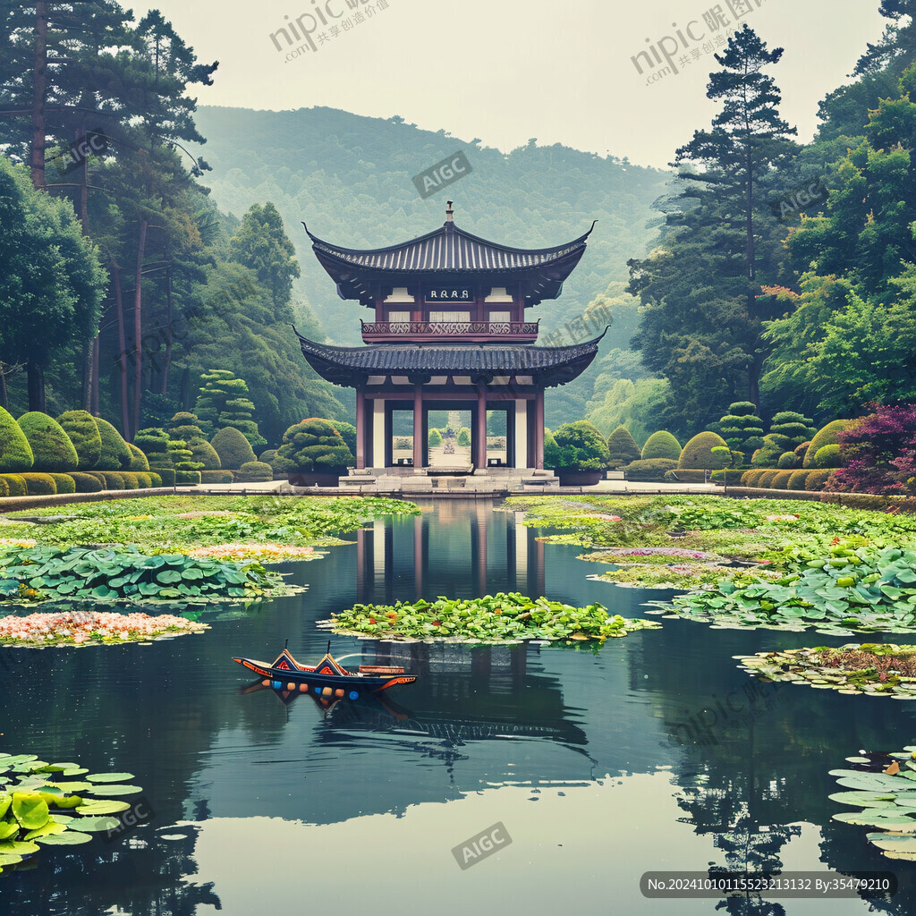 名胜古迹湖边凉亭园林