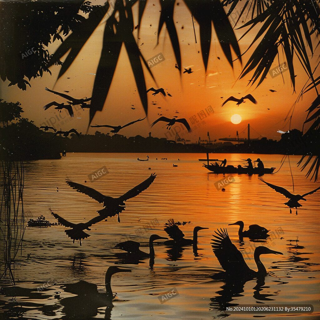 日落湖面水鸟