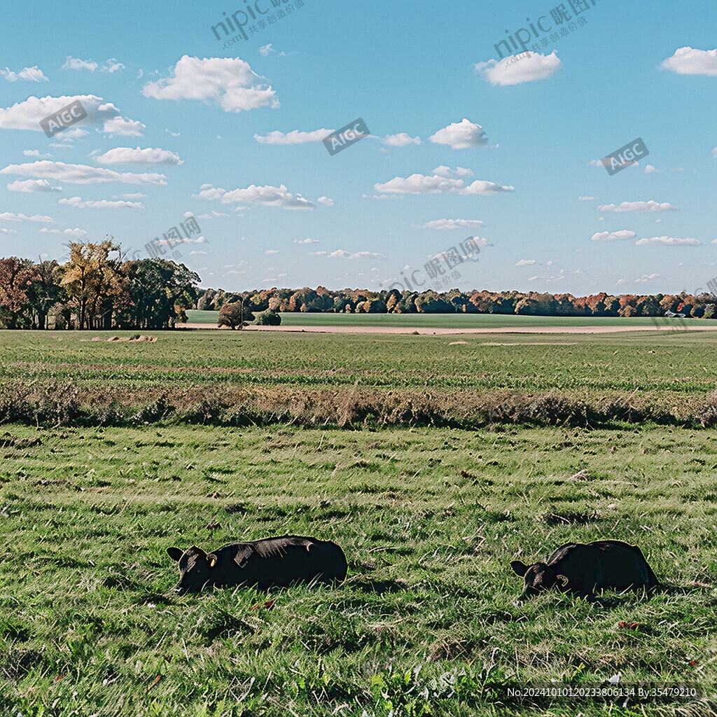 秋季田野田园一头牛