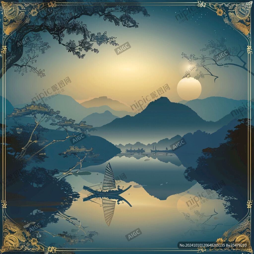 湖畔树山水画金色地产