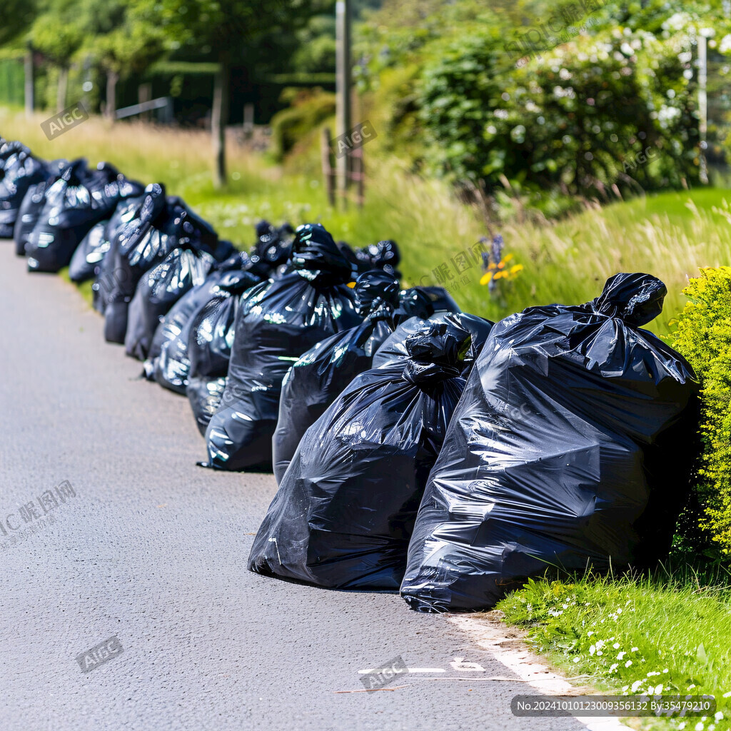 城市街头黑色袋装垃圾