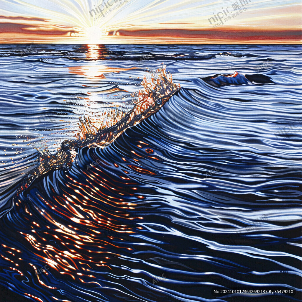 手绘海浪旭日东升