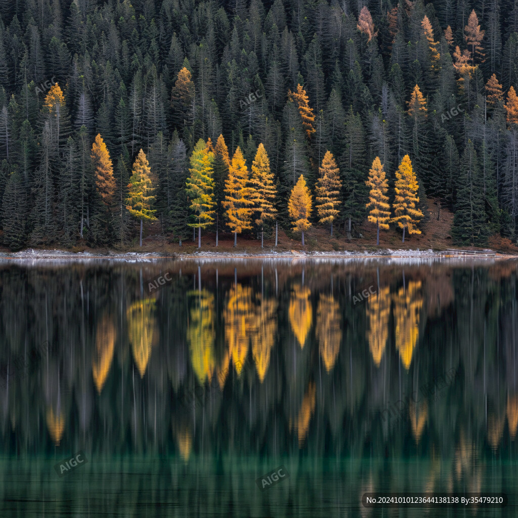 湖泊落叶松树