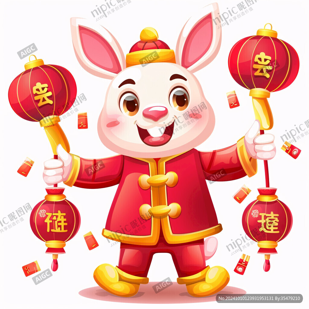 春节新春拿牌的兔子