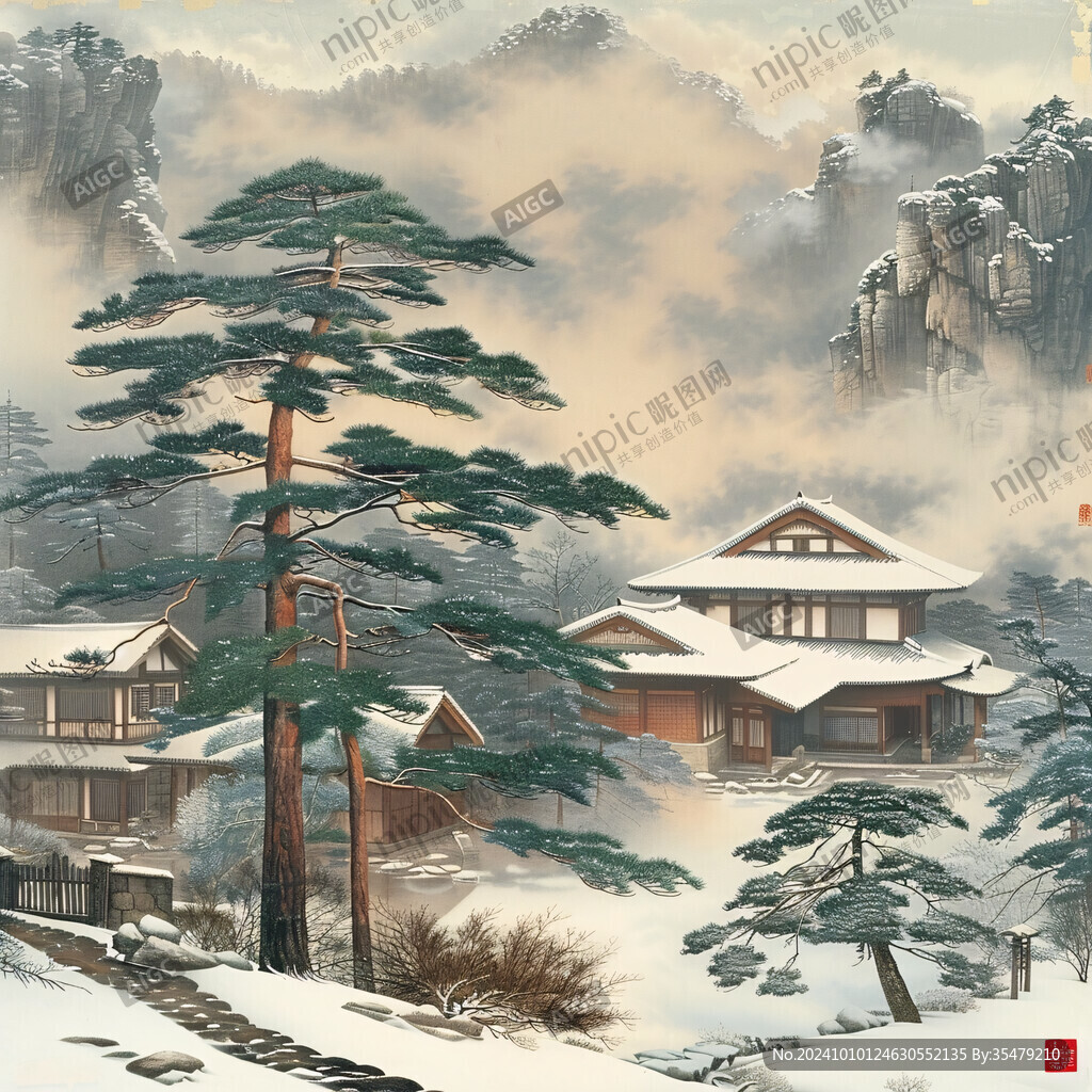雪景山水插画
