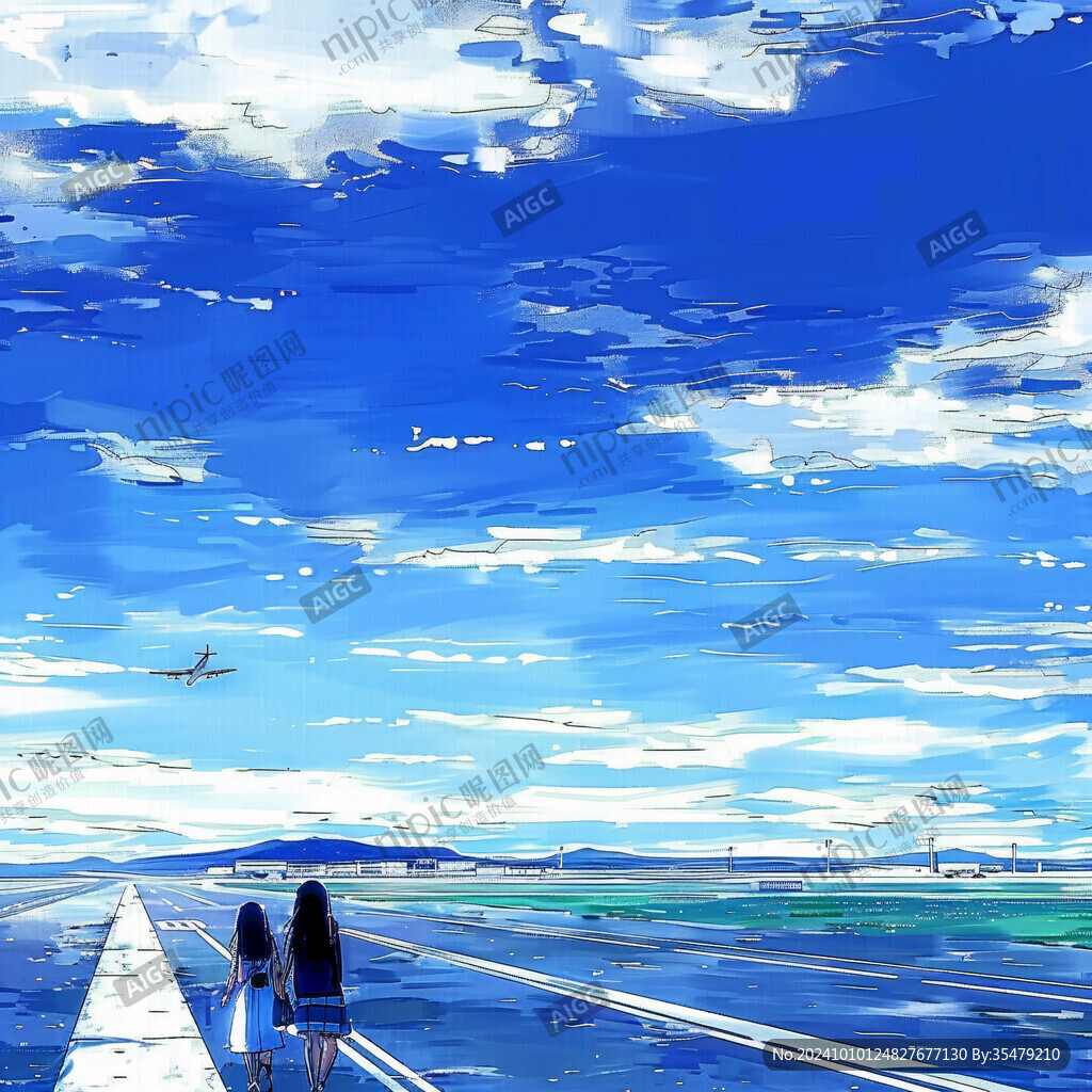 蓝天白云女孩插画