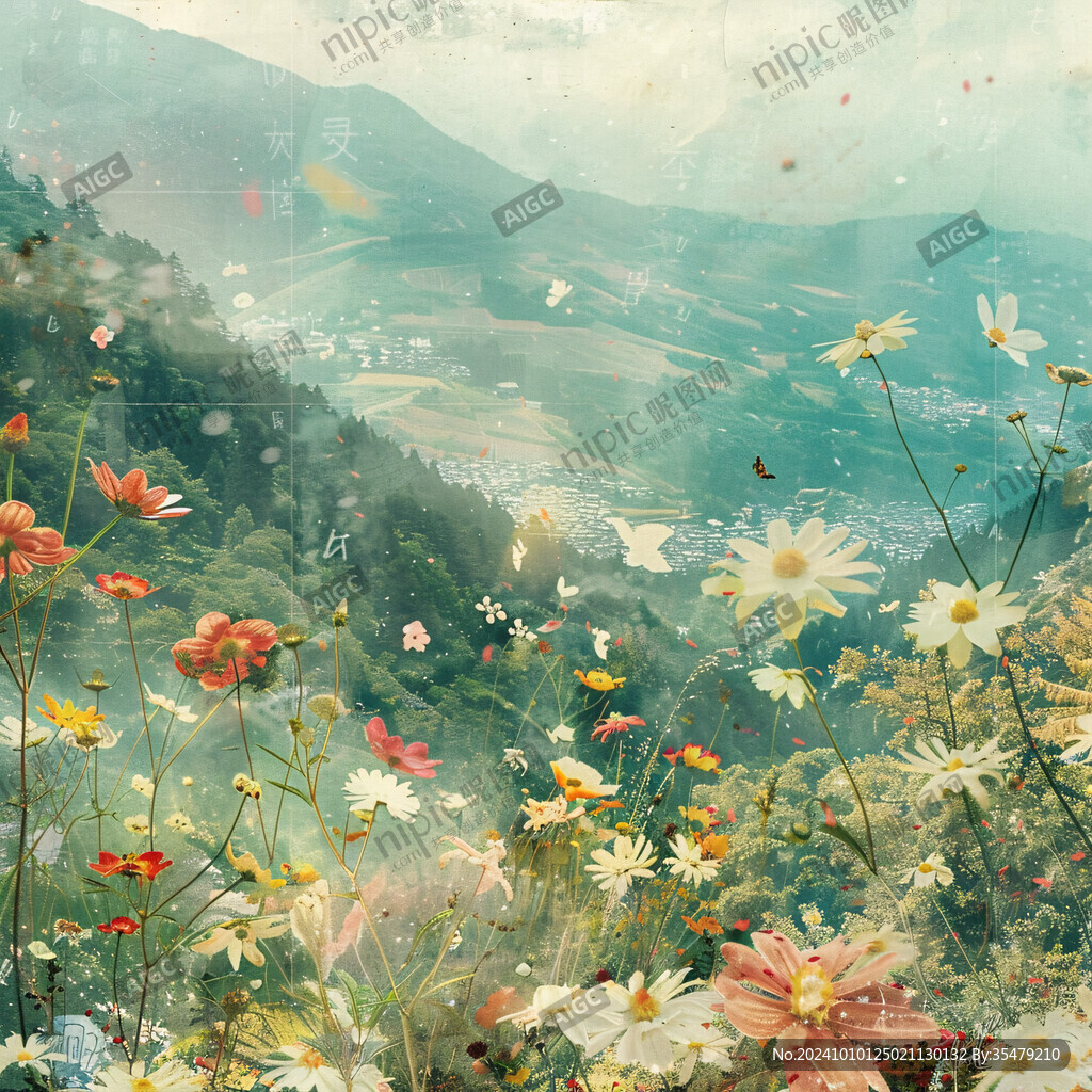 花瓣飘落山水画