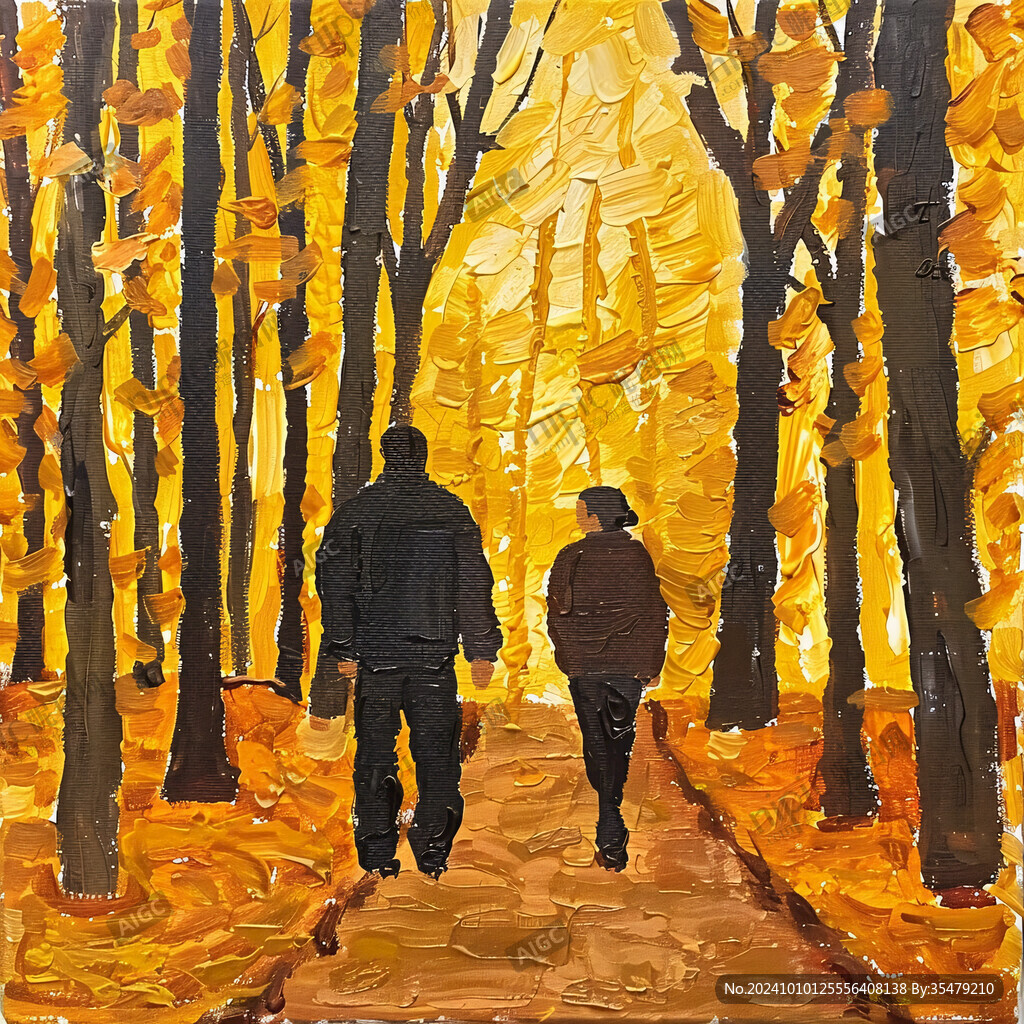 金色树叶小路落叶行人