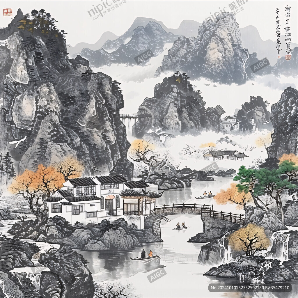 高清彩色客厅山水