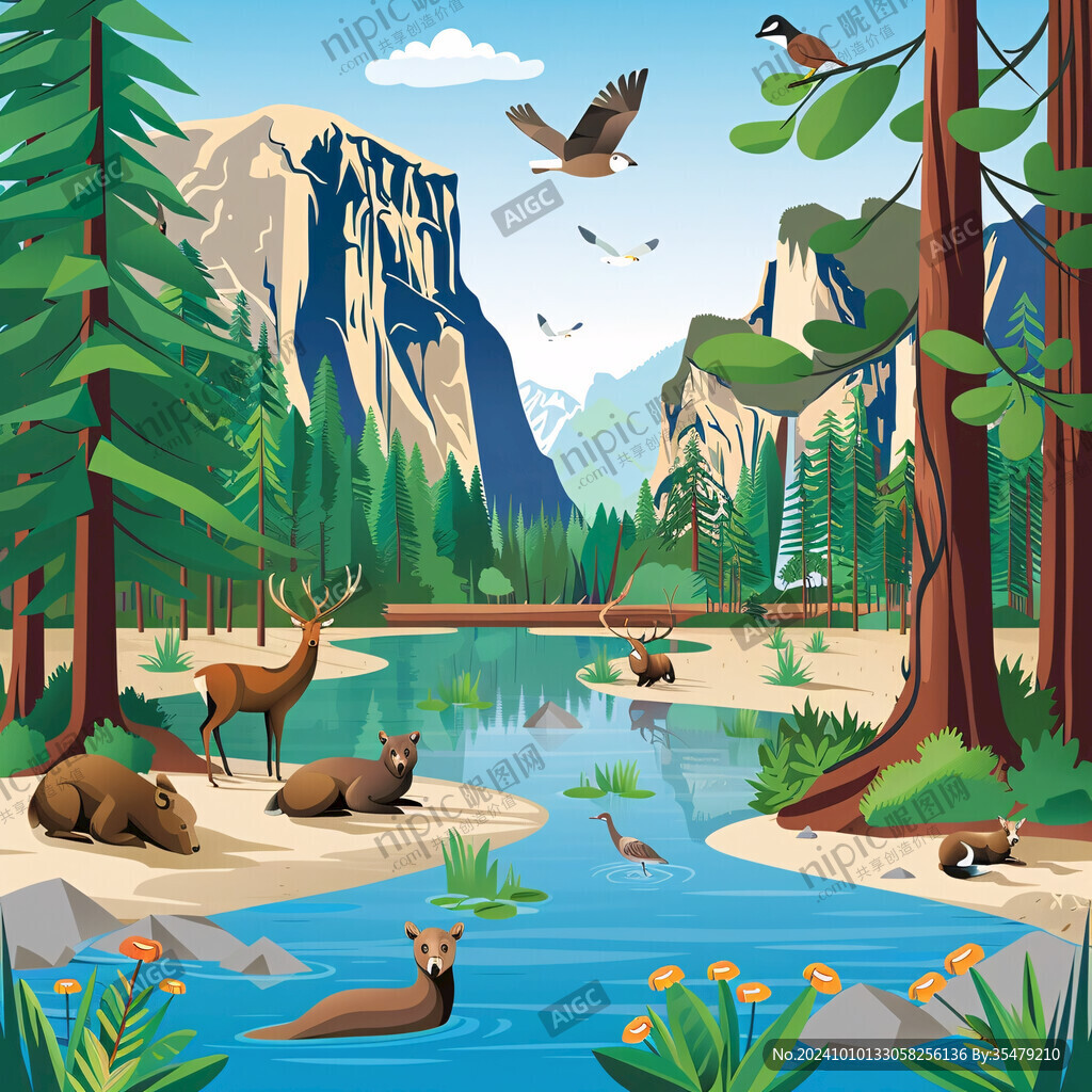 山峰湖水森林动物图片