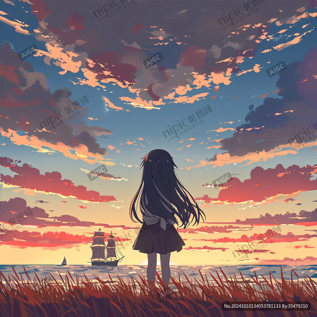 女学生夕阳下插画