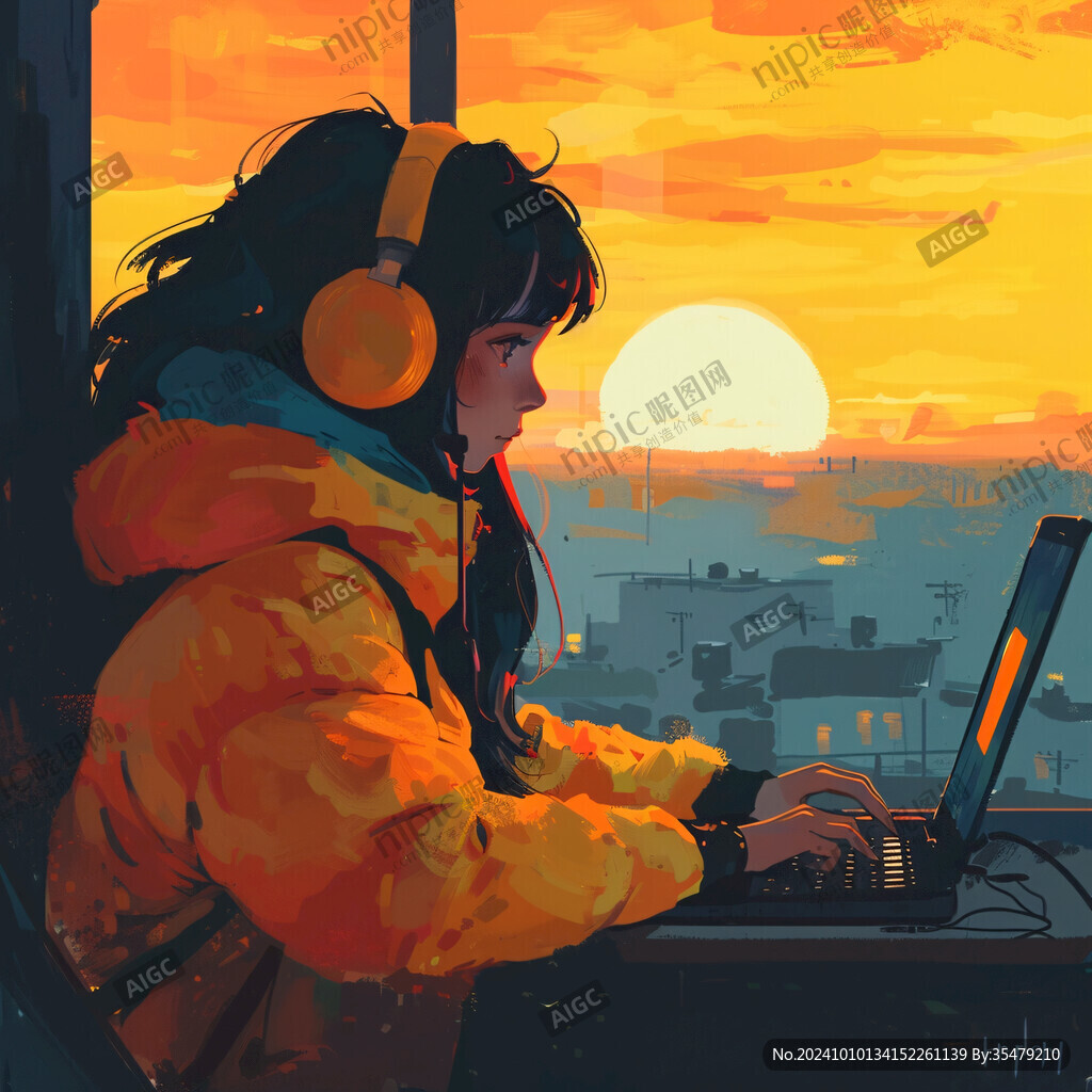 女学生夕阳下插画