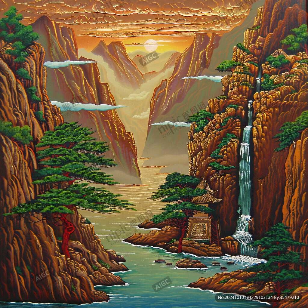 悬崖瀑布地板画