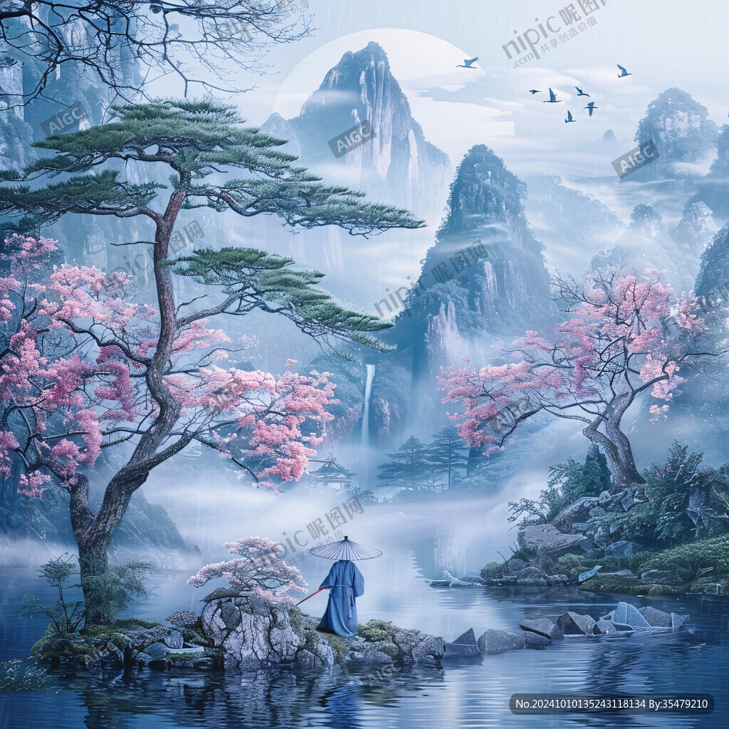 迎客松松树禅意山水