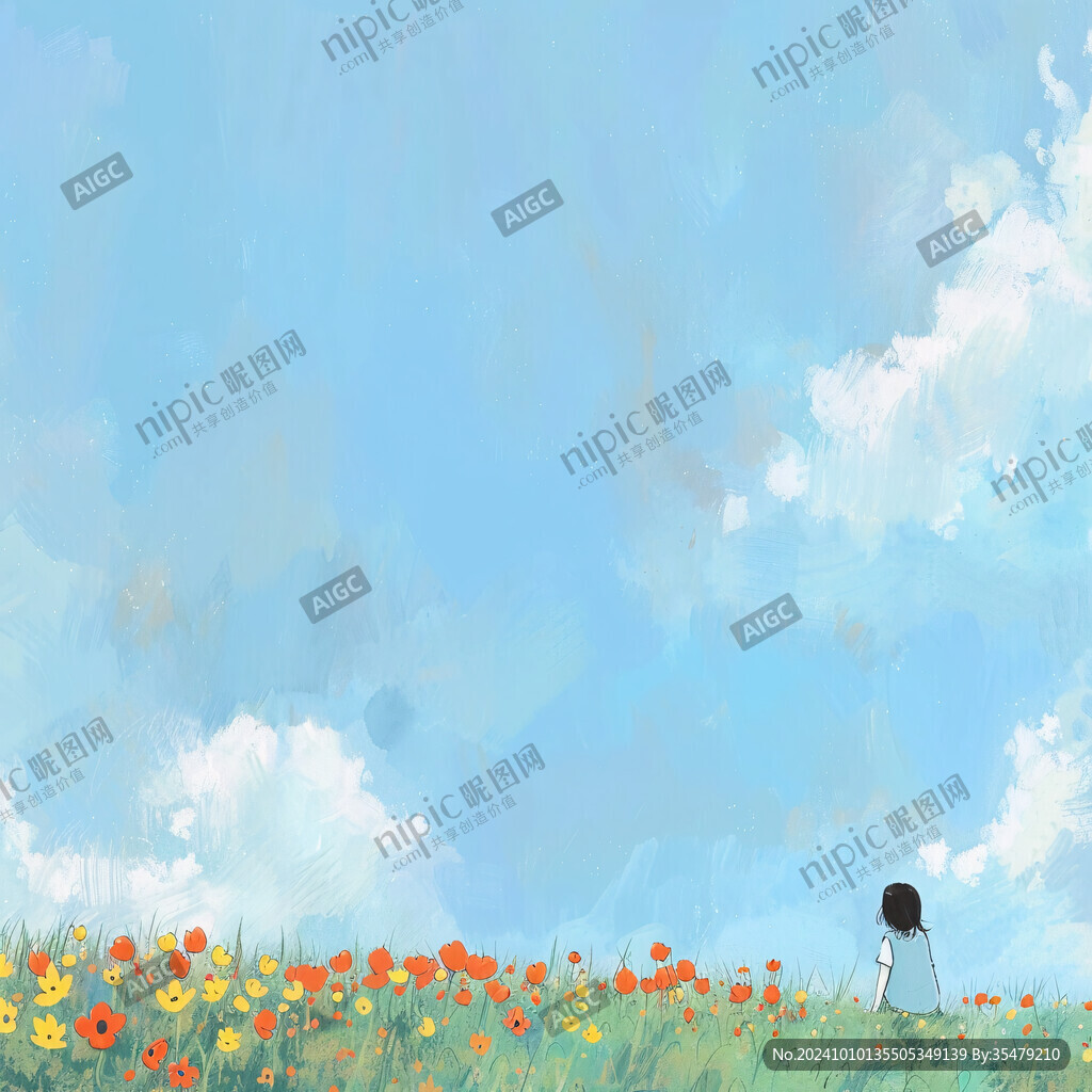 蓝天白云女孩插画