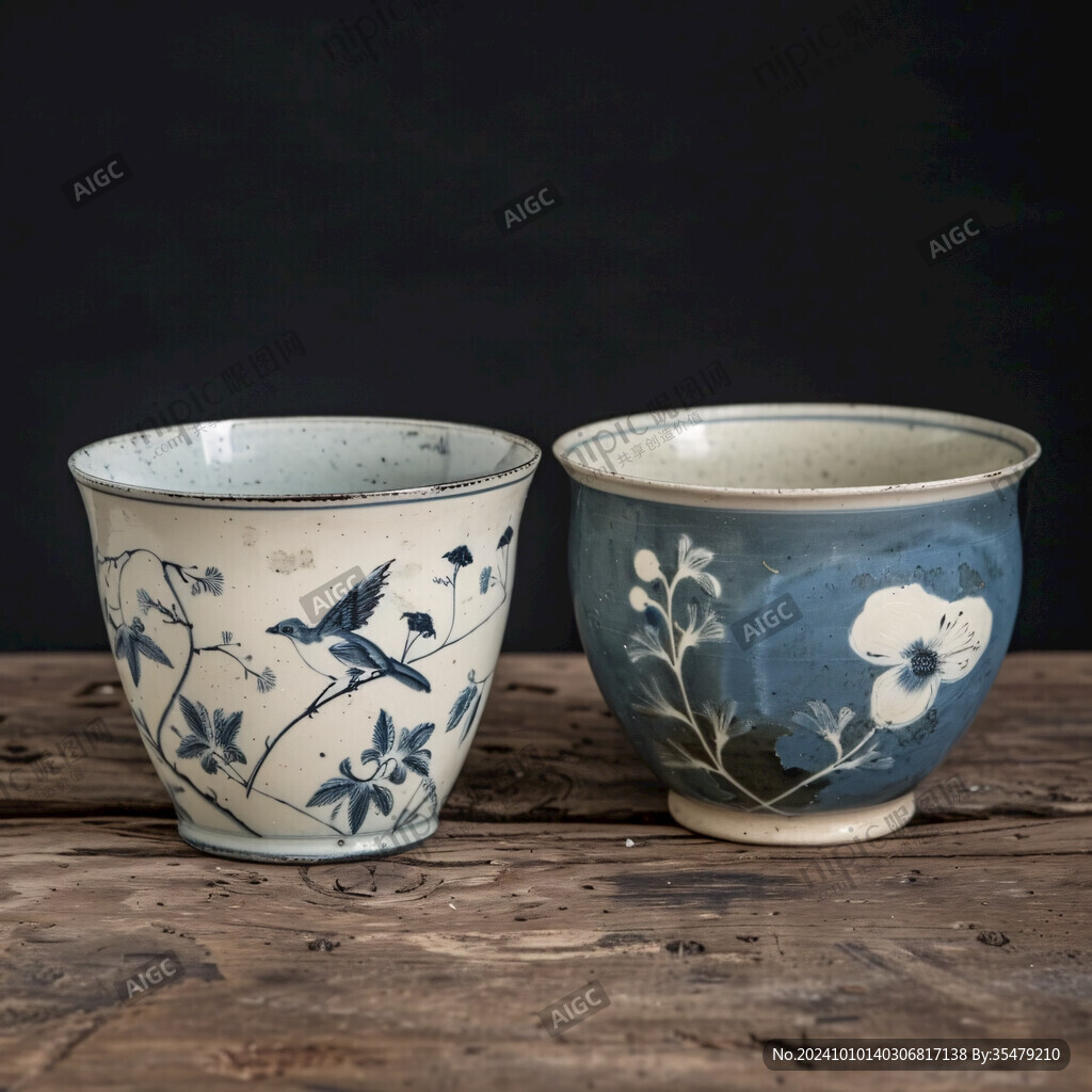 蓝彩金彩月影梅纹杯