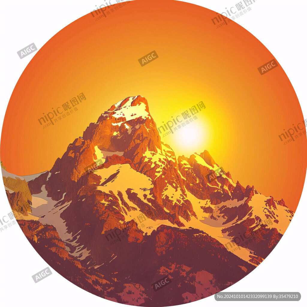 日落水墨画日落群山