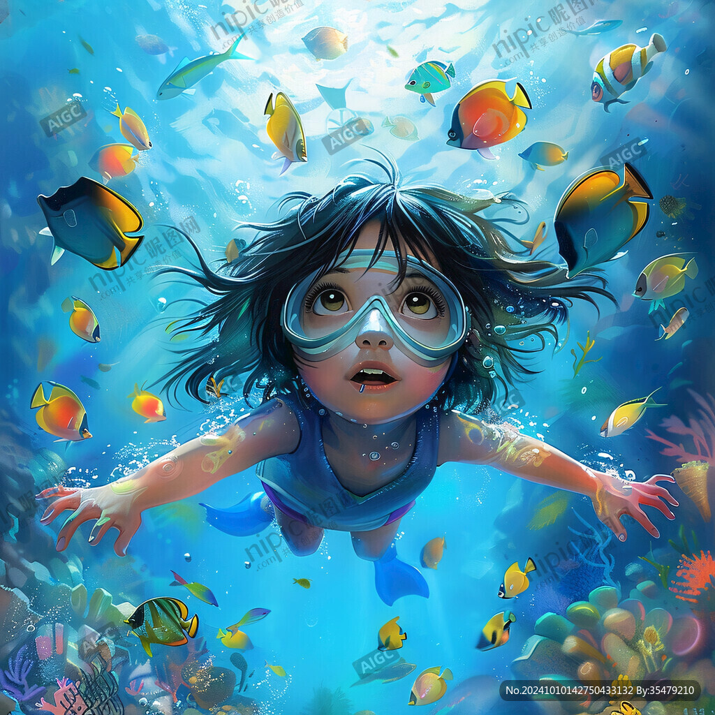 手绘女孩潜水气泡插画