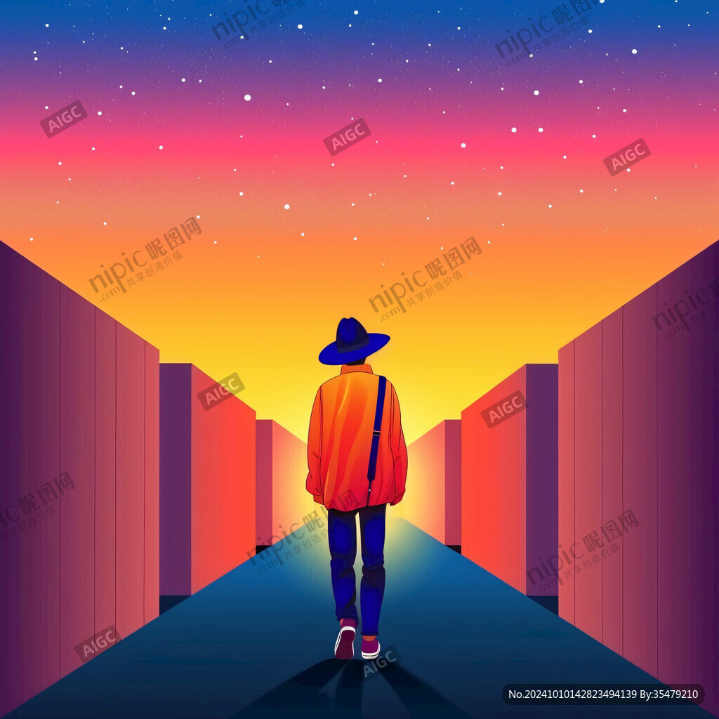 女学生夕阳下插画