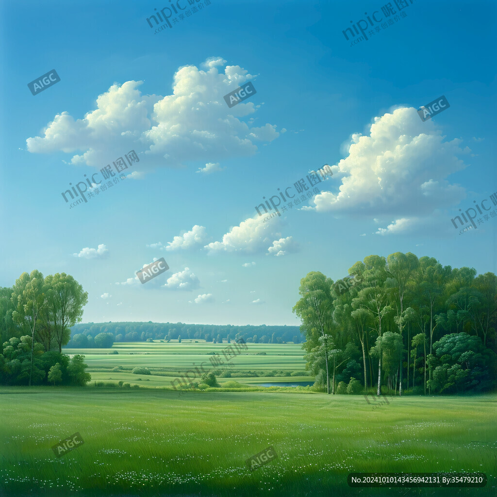 蓝天白云绿草油画