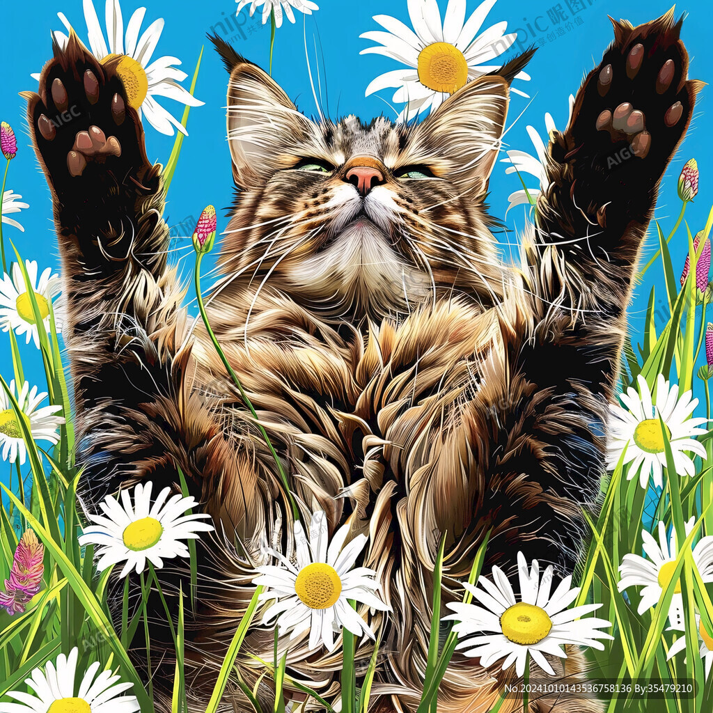 花丛边的猫咪插画