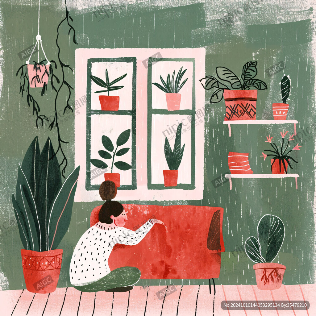 手绘花房女孩插画