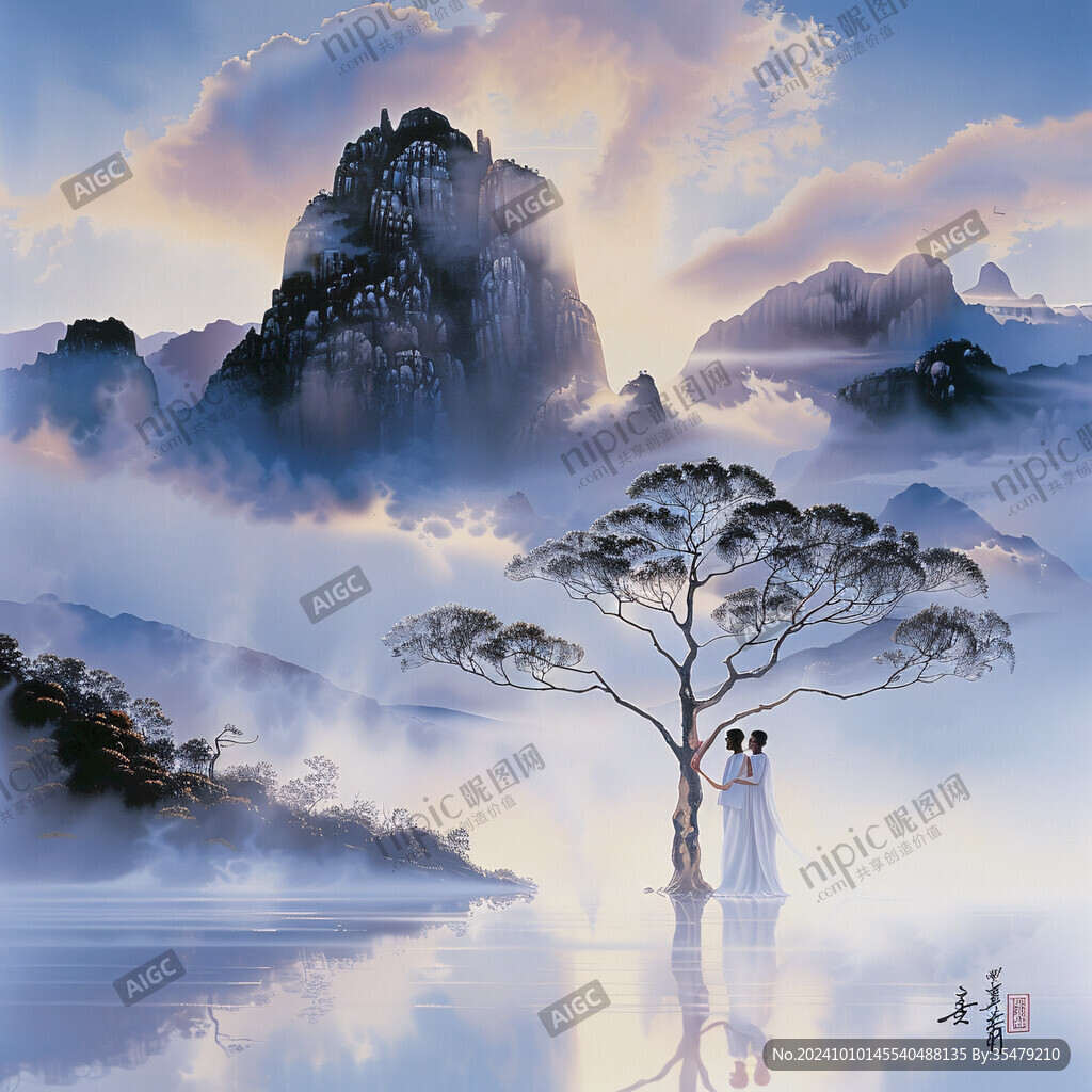 迎客松松树禅意山水