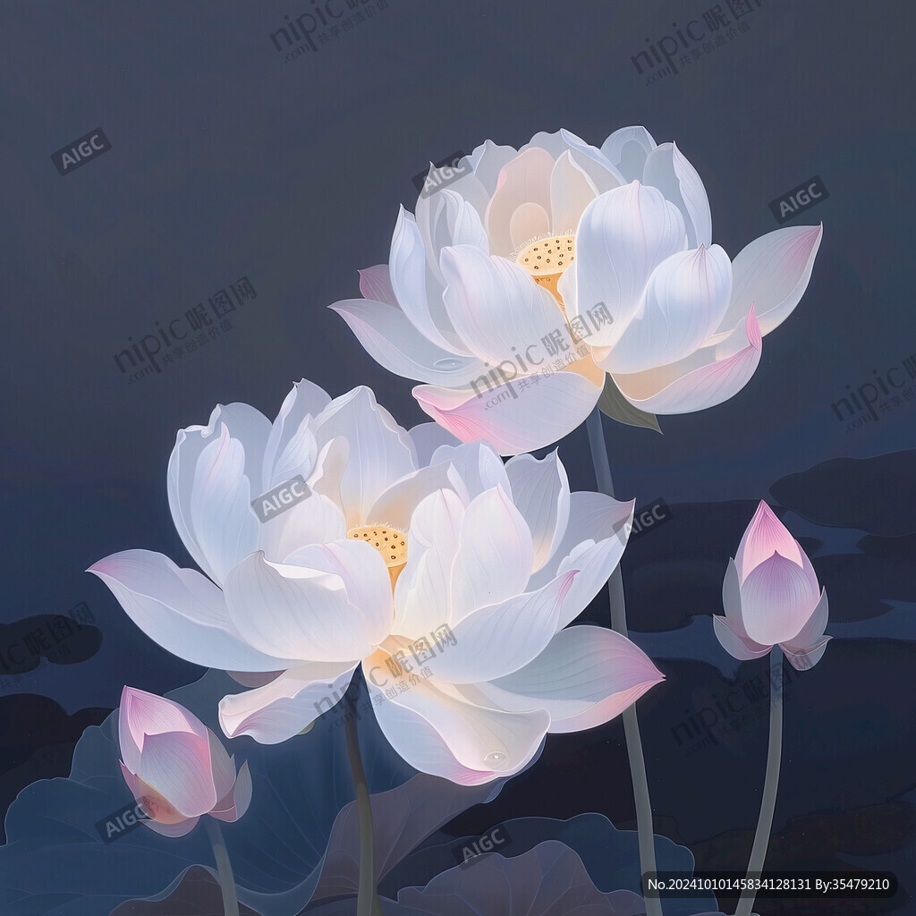 深蓝背景荷花图