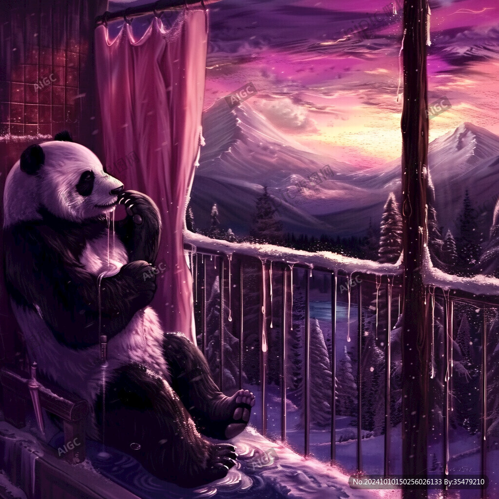 手绘滑雪的熊猫装饰画