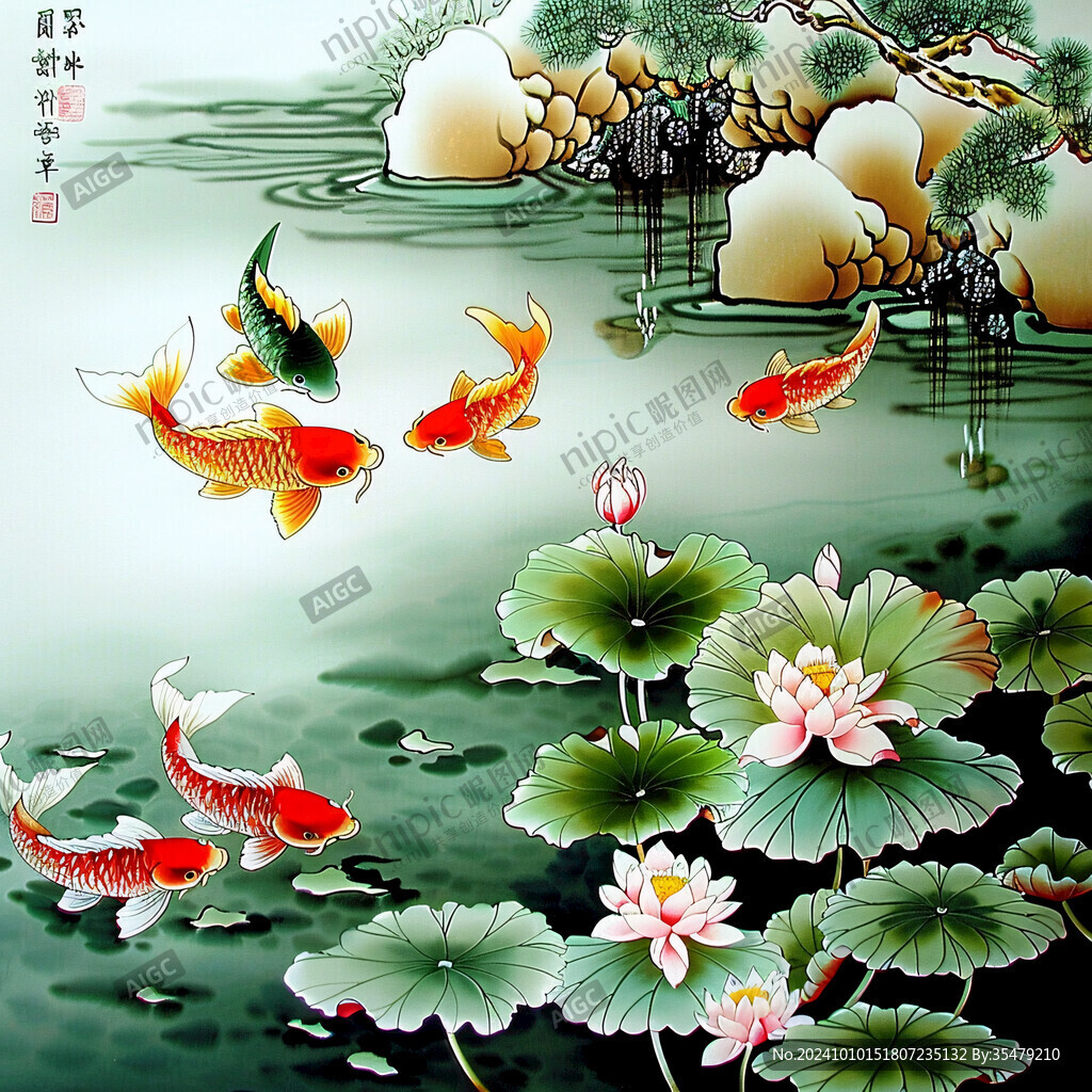 如意锦鲤风景画